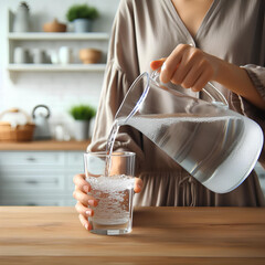 Woman hand pouring fresh water from jug into glass on white blurred background