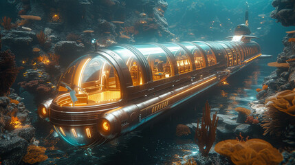 Steampunk submarine with neon portholes in an underwater city showcasing sea life