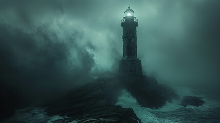 A lone lighthouse standing resilient against stormy waves and dramatic clouds, illuminated in the dark atmosphere
