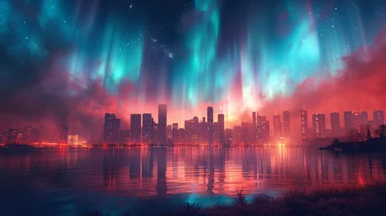Poster Aurorapunk landscape with skyscrapers and vibrant aurora borealis © Vodkaz