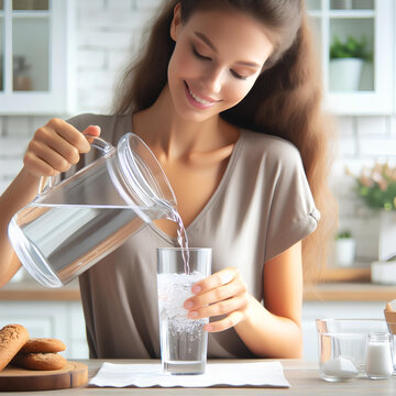Woman hand pouring fresh water from jug into glass on white blurred background