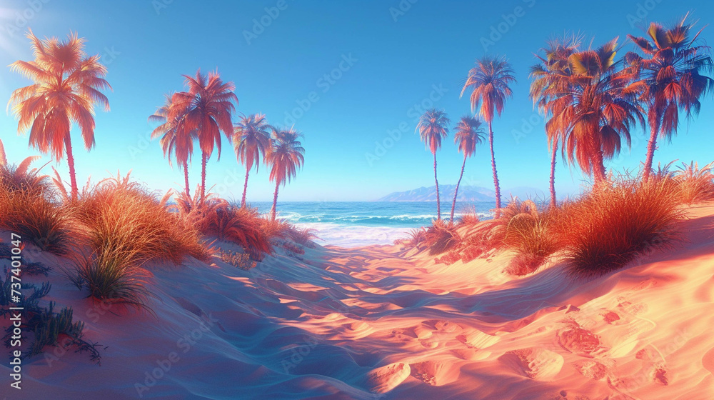 Wall mural golden sand dunes and towering neon palm trees along the beach