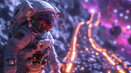 Astronauts explore a neon lit space station orbiting a planet