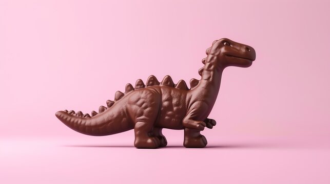 A delectable dinosaur-shaped chocolate bar awaits on this hyper-realistic image, set against a dreamy pastel pink background. Indulge your sweet tooth with this crave-worthy treat. Perfect f