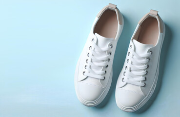 Fototapeta premium Pair of stylish white sneakers on light blue background, top view, space free