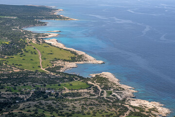 Aerial view of Akamas Peninsula as seen from Moutti tis Soitras highest viewpoint (370 m) of...
