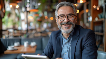 Fototapeta premium Happy senior businessman working with tablet at coffee shop .