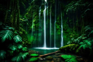 Fototapeta na wymiar A cascading waterfall hidden within a dense, emerald-green jungle.