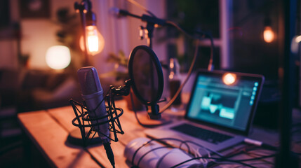 Fototapeta na wymiar A carefully curated home studio setup for podcasts featuring a sleek microphone, a reliable laptop, and a stylish lamp on a close-up table. Create professional audio content in the comfort o