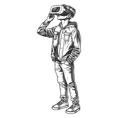 teenager playing virtual reality headset in old engraving style art