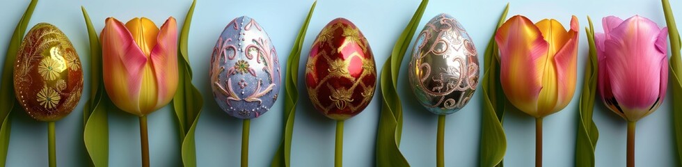 A bird's-eye shot capturing a series of ornate Easter eggs, each distinct, positioned within tulips on a solid blue background.