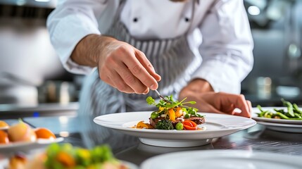 Obraz na płótnie Canvas Skilled chef expertly plating a mouthwatering dish in a bustling commercial kitchen. Every element is meticulously arranged, showcasing culinary artistry and attention to detail.