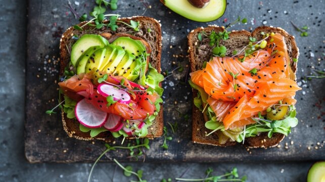 two pieces of bread with salmon, avocado, and cucumber on them on a slate surface.