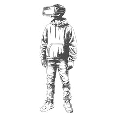 teenager playing virtual reality headset in old engraving style art