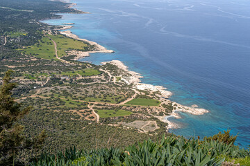 Aerial view of Akamas Peninsula as seen from Moutti tis Soitras highest viewpoint (370 m) of...