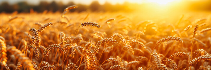 Golden Wheat Field at Sunset, Symbol of Harvest and Agriculture, Summer Rural Landscape with Warm Light