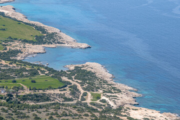 Aerial view of Akamas Peninsula as seen from Moutti tis Soitras highest viewpoint (370 m) of...