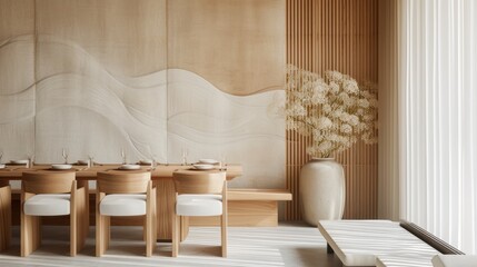 a table and chairs in a room with a vase of flowers on the side of the table and a vase of flowers on the other side of the table.