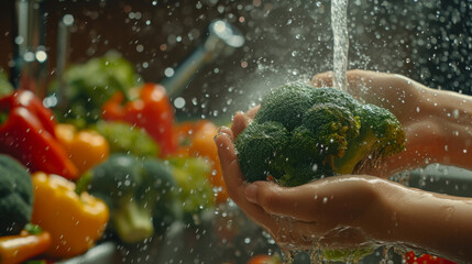 pair of hands washing a broccoli head with a vigorous splash of water - obrazy, fototapety, plakaty