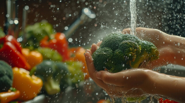 pair of hands washing a broccoli head with a vigorous splash of water