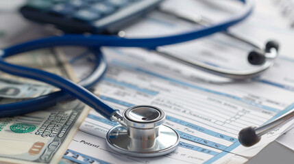 A close-up of medical expenses concept with a stethoscope, calculator, and US dollar bills on a medical billing statement, depicting the financial aspect of healthcare.