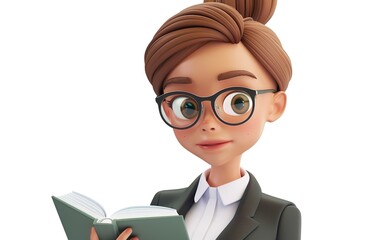 3d business woman glasses with a book on white background
