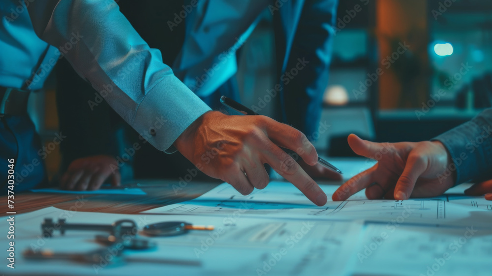 Poster an architect is engrossed in refining a blueprint on a well-lit drafting table.