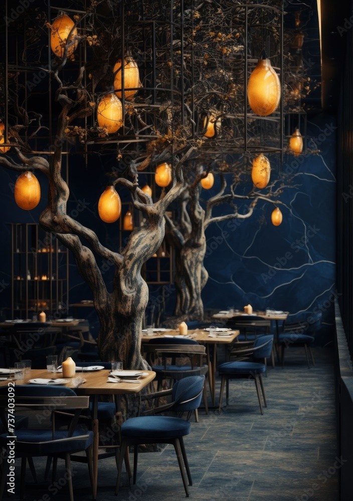 Poster a restaurant with many tables and chairs and a chandelier hanging from the ceiling and a tree in the