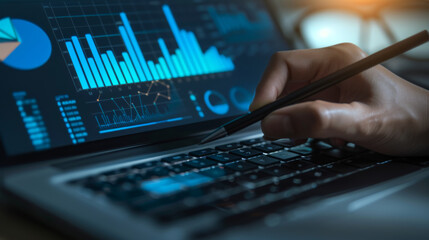 person's hand is holding a stylus over a laptop screen displaying various colorful data analytics and graphs.