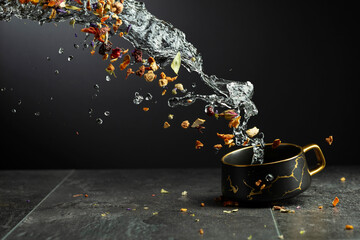 Black mug with water splashes and flying dried medicinal herbs.
