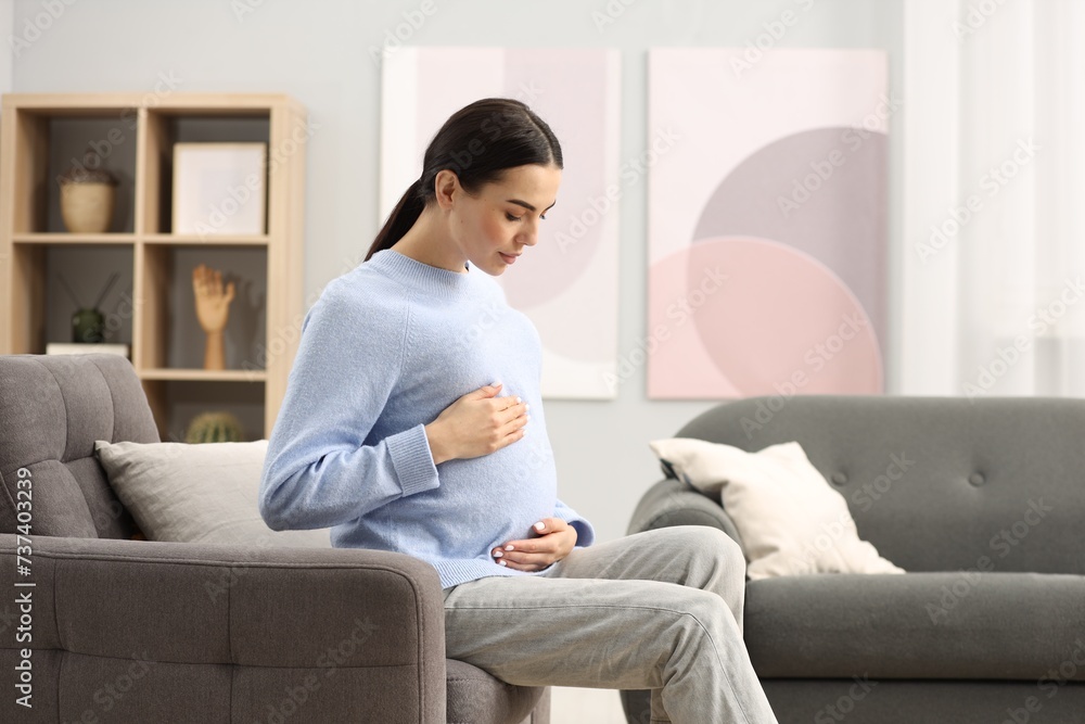 Poster Pregnant young woman on armchair at home, space for text