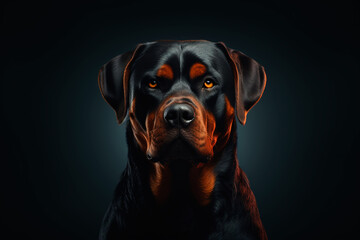 Rottweiler close-up on a black background, front view