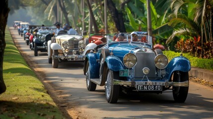 A magnificent vintage car rally showcasing classic models exuding elegance and preserved in impeccable condition. Witness these automotive gems in all their glory, as they take the road in a