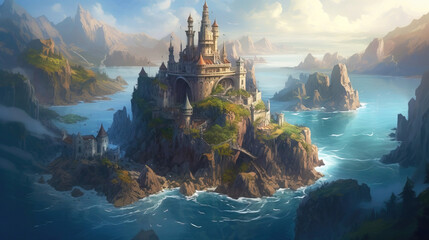 Fairytale medieval old royal castle on mountain, sea wave background, top view. AI generated.
