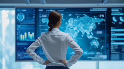 The photo captures a person from behind looking at a complex array of digital screens with various data and graphs in a high-tech control room environment.