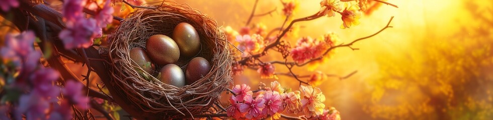 A vibrant, ultra-HD view of a nest containing glossy eggs, surrounded by the rich colors of a flowering tree, with the golden hues of sunset creating a magical backdrop.