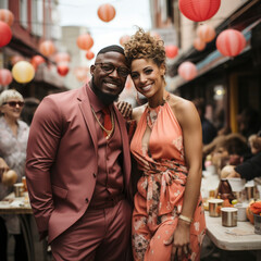 Obraz premium young happy couple at wedding party on the street. square 