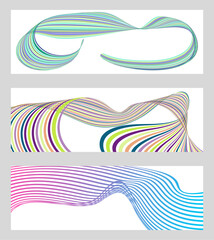 Wavy lines or ribbons. Set of 3 backgrounds. Multicolored striped gradient. Creative unusual background with abstract gradient wave lines to create a trendy banner, poster. vector eps