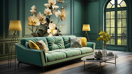 Step into the virtual world of a living room with a stunning green sofa in this 3D rendering. Experience the vibrant hues and modern design, creating a space that is both stylish and inviting.