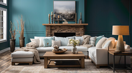 A comfortable sofa, embellished with fur pillows and blankets, is set near a fireplace against a calming turquoise wall. A thoughtfully chosen poster adds a personalized touch.