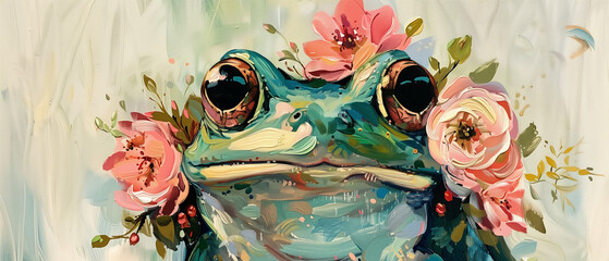 Abstract Art of Frog wearing flowers wreath - obrazy, fototapety, plakaty