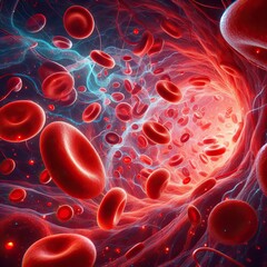Red blood cells at the microscopic level. The red blood cells are bright red in color and vary in shape and size. Generative AI.