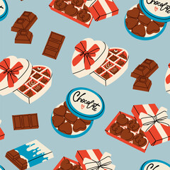 Various Chocolate set. Different shapes of chocolate. Candies in box, bars and sweets. Tasty cocoa products. Hand drawn trendy Vector illustration. Sweet, delicious dessert. Square seamless Pattern - 737404237