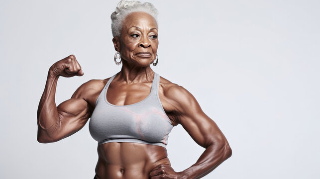 Muscular elderly African American woman showing biceps on white background. Gym or sports exercise banner layout. Free space for product placement or advertising text.