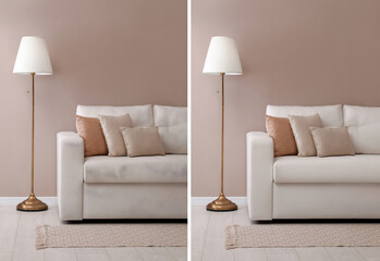 Sofa before and after dry-cleaning indoors, collage