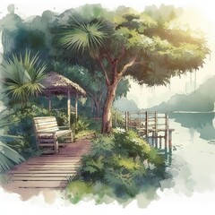 A serene watercolor-style illustration capturing a peaceful lakeside setting. 