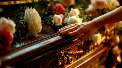 Widow laying flowers on coffin close-up - obrazy, fototapety, plakaty