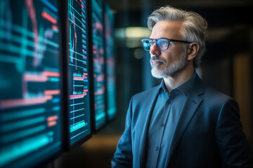 Fototapeta premium Mature businessman looks at digital data analysis displayed on screens, reflecting strategy and planning