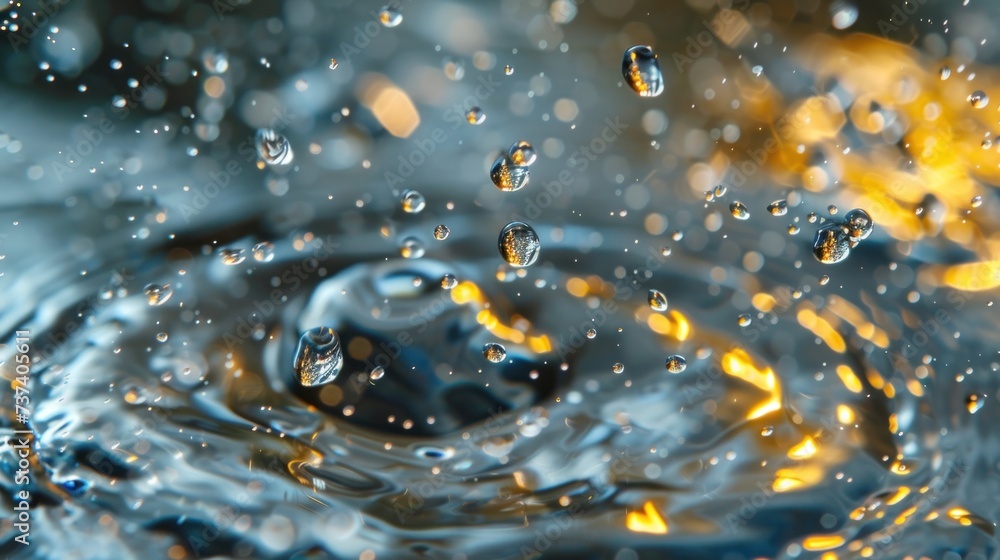 Poster a close up of a water drop with a yellow light in the background and water droplets on the bottom of