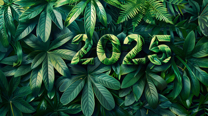 Happy New Year, Happy 2025, 2025, 2025 Written on leaves of jungle, Generative Ai